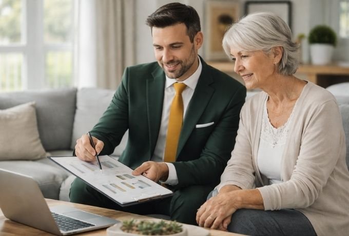 real estate agent providing home valuation consultation to client in modern home