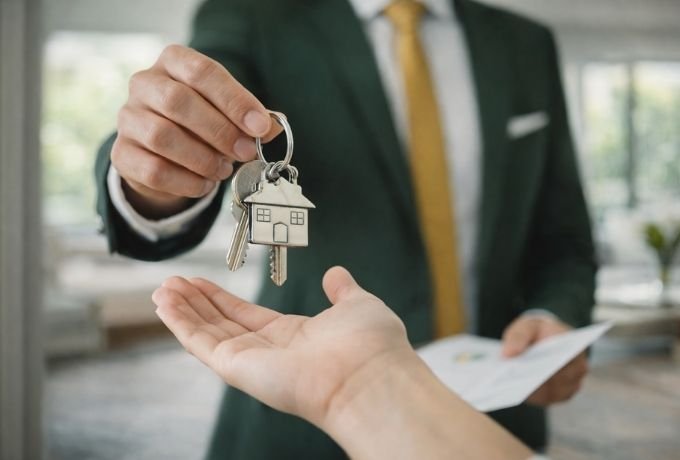 real estate agent handing over house keys after successful property sale