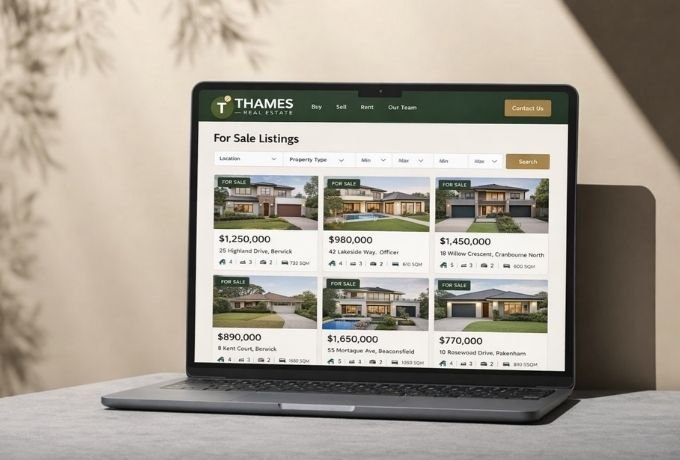 laptop displaying Thames Real Estate for sale property listings in Melbourne South East