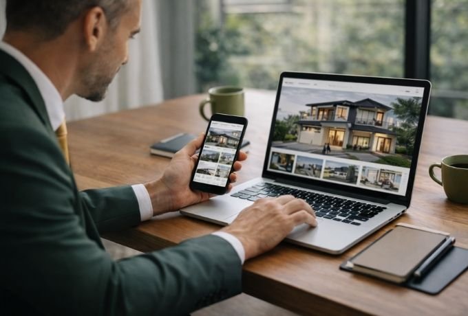 Commercial real estate agent presenting property listings on laptop and phone