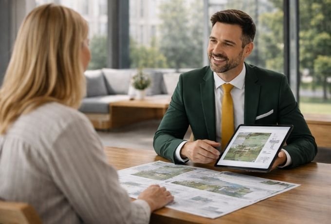 Real estate agent discussing land development plans and project marketing strategy
