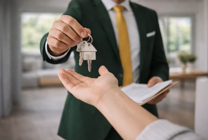Real estate agent handing keys to tenant for managed rental property