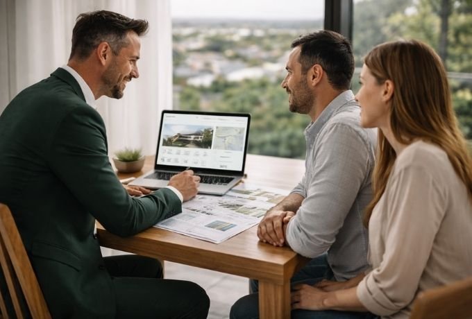 Real estate agent assisting couple with residential property purchase in Melbourne South East