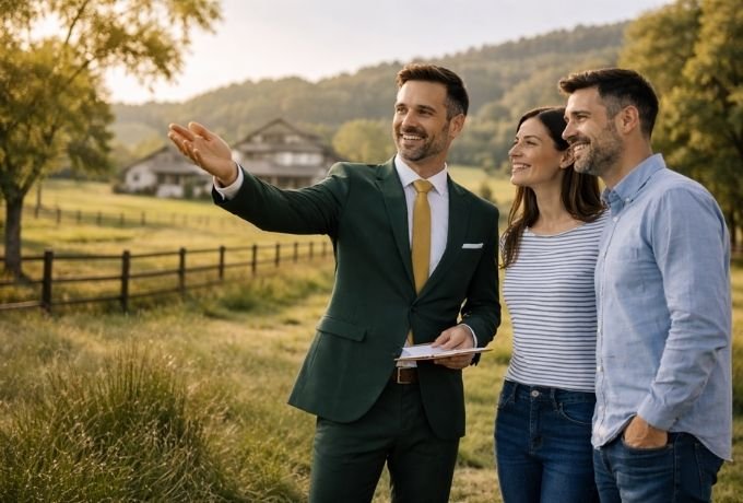 Real estate agent showing rural property to couple in countryside setting
