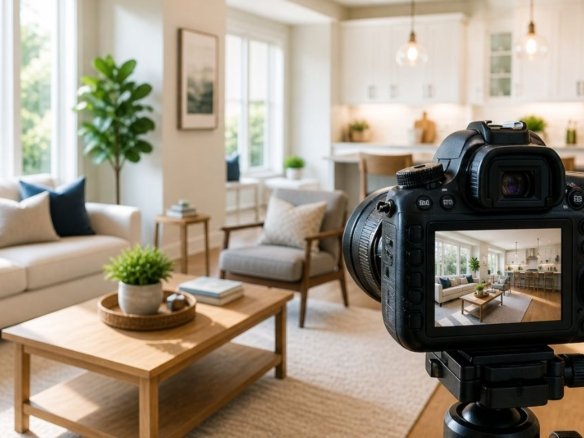 Bright modern living room staged for real estate photography with camera setup and natural lighting