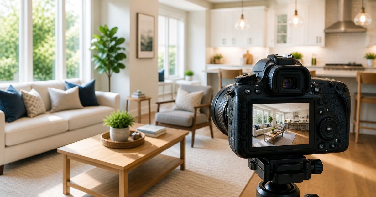 Bright modern living room staged for real estate photography with camera setup and natural lighting